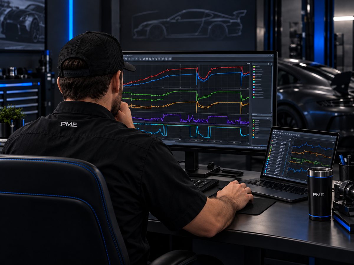 Illustration of a PME calibrator reviewing data logs on a monitor and laptop